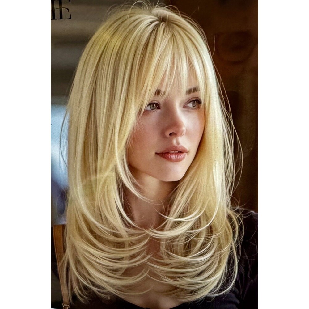 Golden Blonde Highlight 14” layered Wig With Bangs Full Cap Wig
